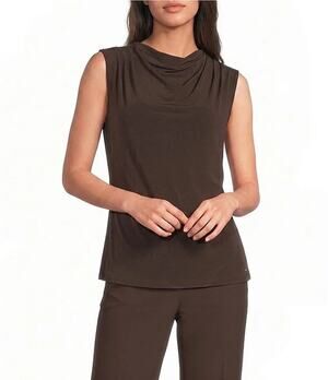 Calvin Klein Sleeveless Jersey Mesh Cowlneck Top in Toasted Sumac Brown